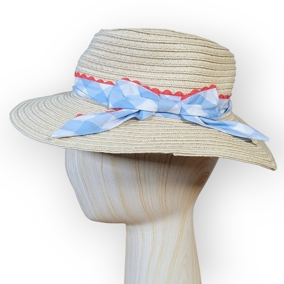 NEW Tahari Girls Summer Hat with Gingham Ribbon and Bow - Picture 1 of 11